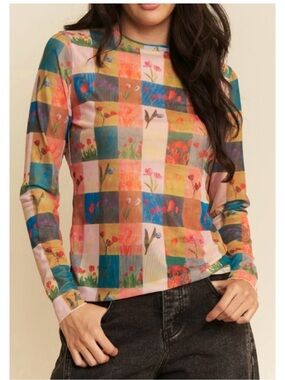 Davi‎ & Dani Floral Patchwork Mesh Top Multicolor Sheer Long Sleeve Layering Top